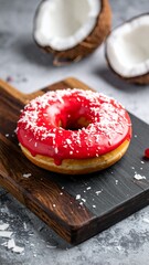 Delicious Red Glazed Donut with Coconut Flakes on a Wooden Board.