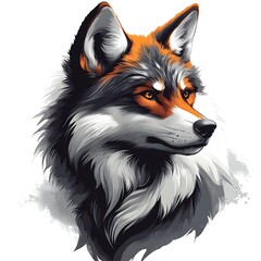 Naklejka premium Fierce Wolf Head With Orange Accents And Smoky Texture On photo White animal portrait