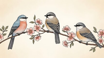 Three birds on a branch with flowers