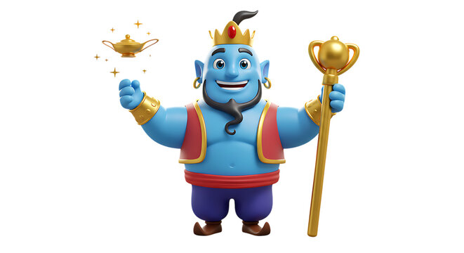 3d icon of a cartoon genie with a crown and staff, isolated on transparent background