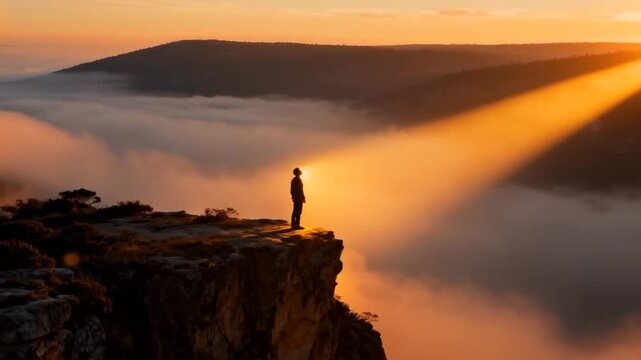A lone figure standing on a cliff edge at sunrise as a beam of golden light hits their face, symbolizing sudden realization, perfect for epiphany