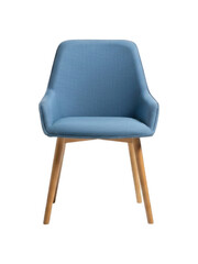 Front view of a chair with blue fabric seat and back, wooden legs