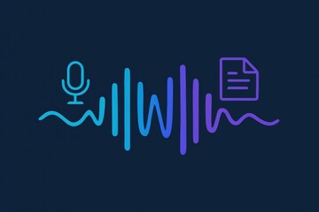 Audio signal illustration depicting sound waveforms alongside a microphone and document icon emphasizing modern transcription technology applications