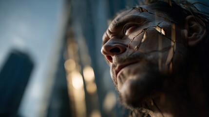 A close-up shot of a face with cracks, set against the backdrop of an urban environment, symbolizing the contrast between beauty and vulnerability in contemporary life.