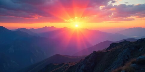 Serene sunrise over a mountain range, symbolizing spiritual connection with the divine and the beauty of creation Perfect for meditation, faith, hope, and nature imagery , sky, hope, ascent
