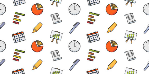 Seamless pattern with business planning icons: clock, calendar, pie chart, bar graph, pen, and report scroll. Vector background for time management, finance, marketing, and productivity