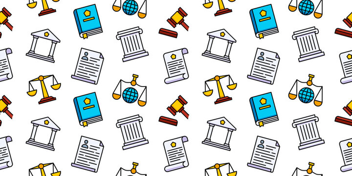 Seamless pattern of law and justice icons: scales, gavel, law book, courthouse building, and legal contract document. Vector background for attorney, corporate, government, and litigation