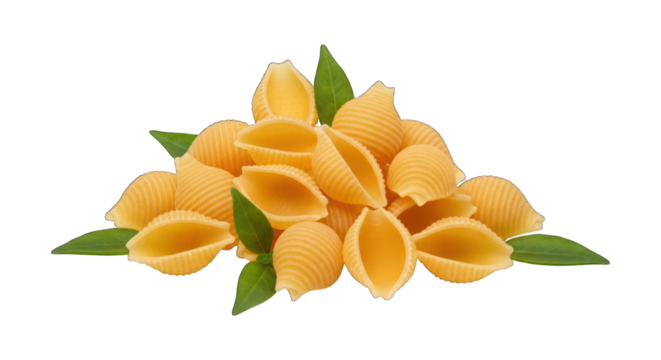 Heap of conchiglie pasta, accented with fresh green leaves, on black backdrop