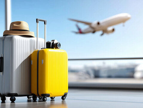 Luggage and hat in airport with plane taking off in the background on a bright sunny day trip travel.