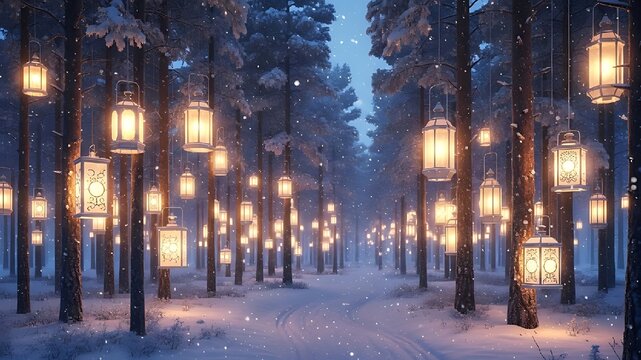 Enchanted winter forest lantern path