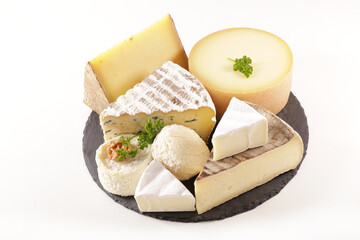 various cheese on platter isolated on white background
