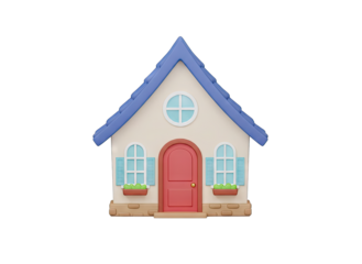 Charming Cartoon House With Blue Roof And Red Door Isolated On Transparent Background With Small Green Plants In Window Boxes
