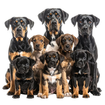 A captivating portrait of a family of rottweiler-type dogs and puppies against a black background.