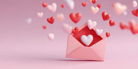 Pink envelope with floating red and pink hearts symbolizes love and affection, perfect for Valentine Day celebrations. soft pastel background enhances romantic theme