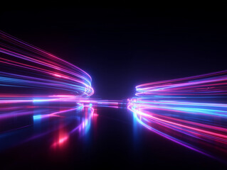 Abstract neon light streaks in pink and blue curving across a dark reflective surface design element.