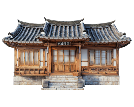 Korean-style building w/ tiled roof, wooden frames, set of steps, isolated image