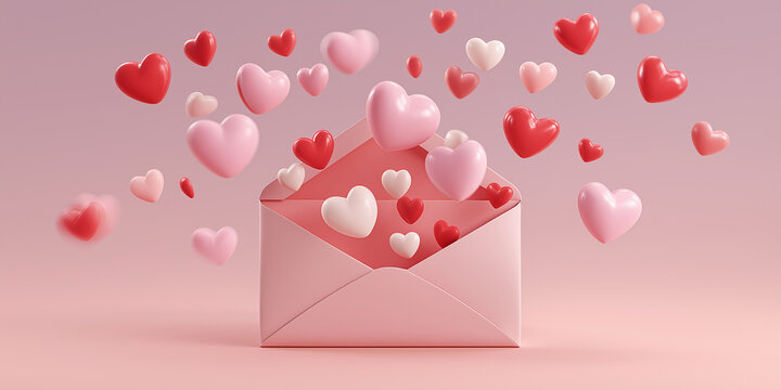 Pink envelope with floating red and pink hearts symbolizes love and affection, perfect for Valentine Day celebrations. soft gradient background enhances romantic theme