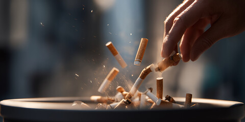 Hand dramatically throws pack of cigarettes into trash can, symbolizing quitting smoking. image captures moment with cigarettes mid air, emphasizing determination and change