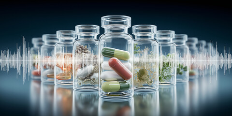 Collection of transparent bottles containing various capsules, pills, and herbs is displayed in laboratory setting, with soundwave overlay adding modern touch