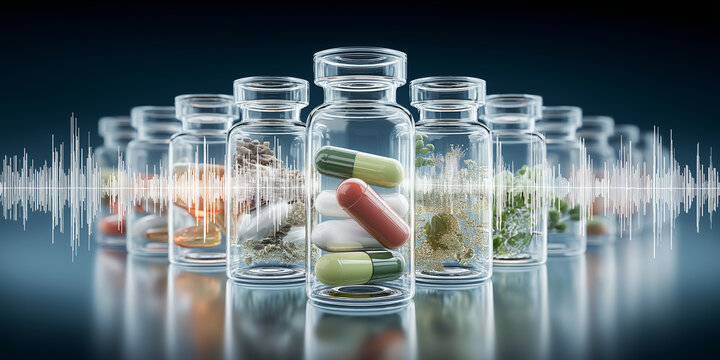 Collection of transparent bottles containing various capsules, pills, and herbs is displayed in laboratory setting, with soundwave overlay adding modern touch