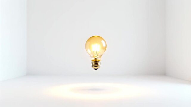 Minimalist floating light bulb with soft halo glow in empty studio background, clean commercial style, perfect for epiphany