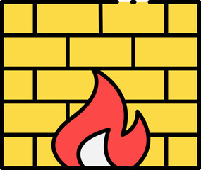 Digital firewall icon with a flame and brick wall symbolizing network security, data protection, and cybersecurity defense