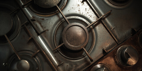 Top down view of stove with multiple burners, showing signs of use with stains and burn marks. metal surface has worn appearance, indicating frequent cooking activity