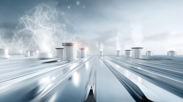 Futuristic industrial metal roof with modern vents and digital network overlay, reflecting sleek and advanced design. image conveys innovation and technology