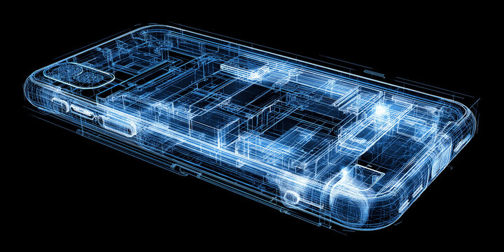 Digital wireframe illustration of smartphone in X ray perspective reveals its internal components, showcasing futuristic and technological design
