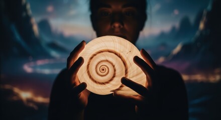 Mystical shell held in hands with dreamlike backdrop conveying wonder