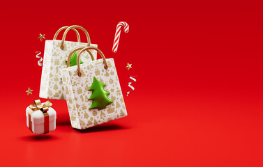 Festive shopping bags with Christmas tree design and gift box on red background and copy space in 3D illustration, perfect for holiday sales and promotions