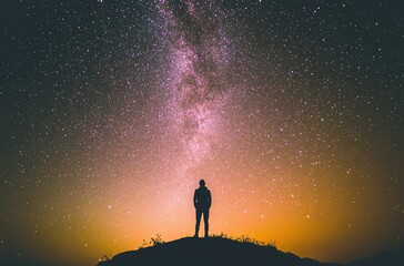 Fototapeta premium Person Standing Under Night Sky with Stars and Galaxies, Silhouette Contemplating Celestial Beauty in Tranquil Cosmic Scene