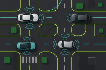 Futuristic intersection with autonomous vehicles communicating through digital signals, illustrating the evolution of transportation and connectivity in modern urban environments
