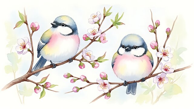 Two blue tits on cherry blossom branches
