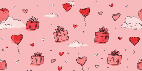 Seamless pattern with red gift boxes, heart shaped balloons, and clouds on pastel pink background, creating romantic and festive atmosphere