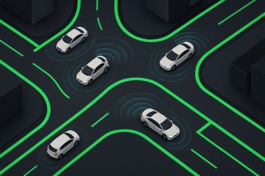 Autonomous vehicles navigating an urban intersection with digital connectivity illustrating smart transportation and urban mobility trends in contemporary city design