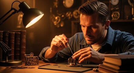 Dedicated craftsman meticulously repairing vintage timepiece in a warm workshop