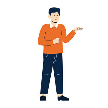 Young Man, businessman  tanding and presenting something with smile expression in illustration vector.