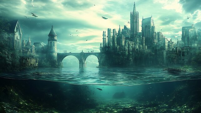 Ethereal gothic city with a bridge over water and underwater ruins architecture buildings photo