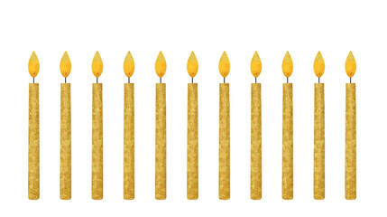A row of ten golden birthday candles with glowing flames, perfect for celebrating a special occasion or milestone on a white background.