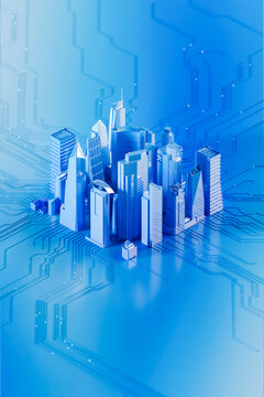 3D city built over circuit tech blueprint design