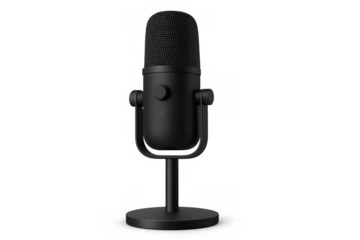 Black modern usb microphone standing on a transparent background, recording audio for professional podcasting and streaming
