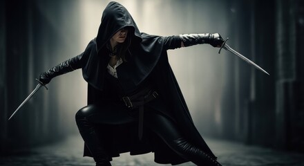 Obraz premium Cloaked warrior poised for battle, wielding dual blades in dark atmosphere