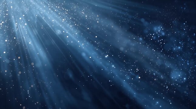 A mesmerizing, abstract image displaying blue light rays emanating from the upper left, dispersing. Shimmering particles add depth. Dark blue background