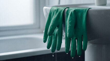 Green cleaning gloves hanging on sink with water drops in modern bathroom