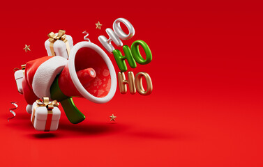 Festive megaphone wearing a Santa hat, surrounded by Christmas presents with bold &ldquo;Ho Ho Ho&rdquo; text on a red background and copy space in 3D illustration. Perfect for holiday sales and promotions.