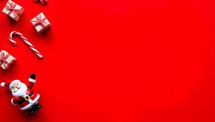 Festive Santa Figure with Christmas Gifts and Candy Cane on Bright Red Background