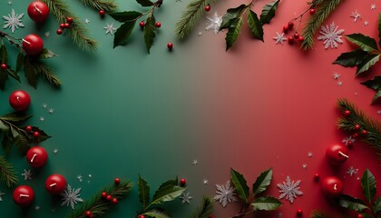 Festive Green and Red Christmas Background with Pine, Berries, and Ornaments