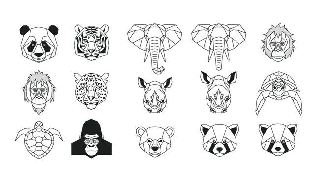 Geometric animal portraits, featuring panda, tiger, elephant, lion, and others.