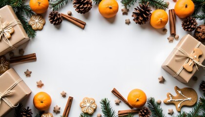 Festive Arrangement of Oranges, Gifts, Pinecones, and Holiday Decorations on White Background